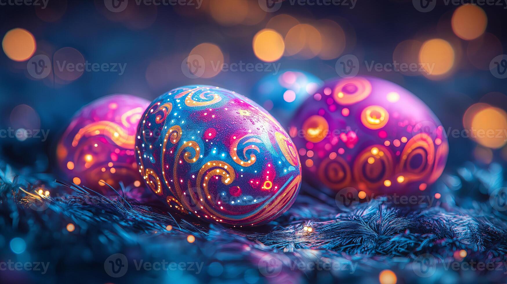 Brightly colored Easter eggs with intricate glowing patterns, arranged against a festive bokeh background. Easter celebration and decoration concept. photo