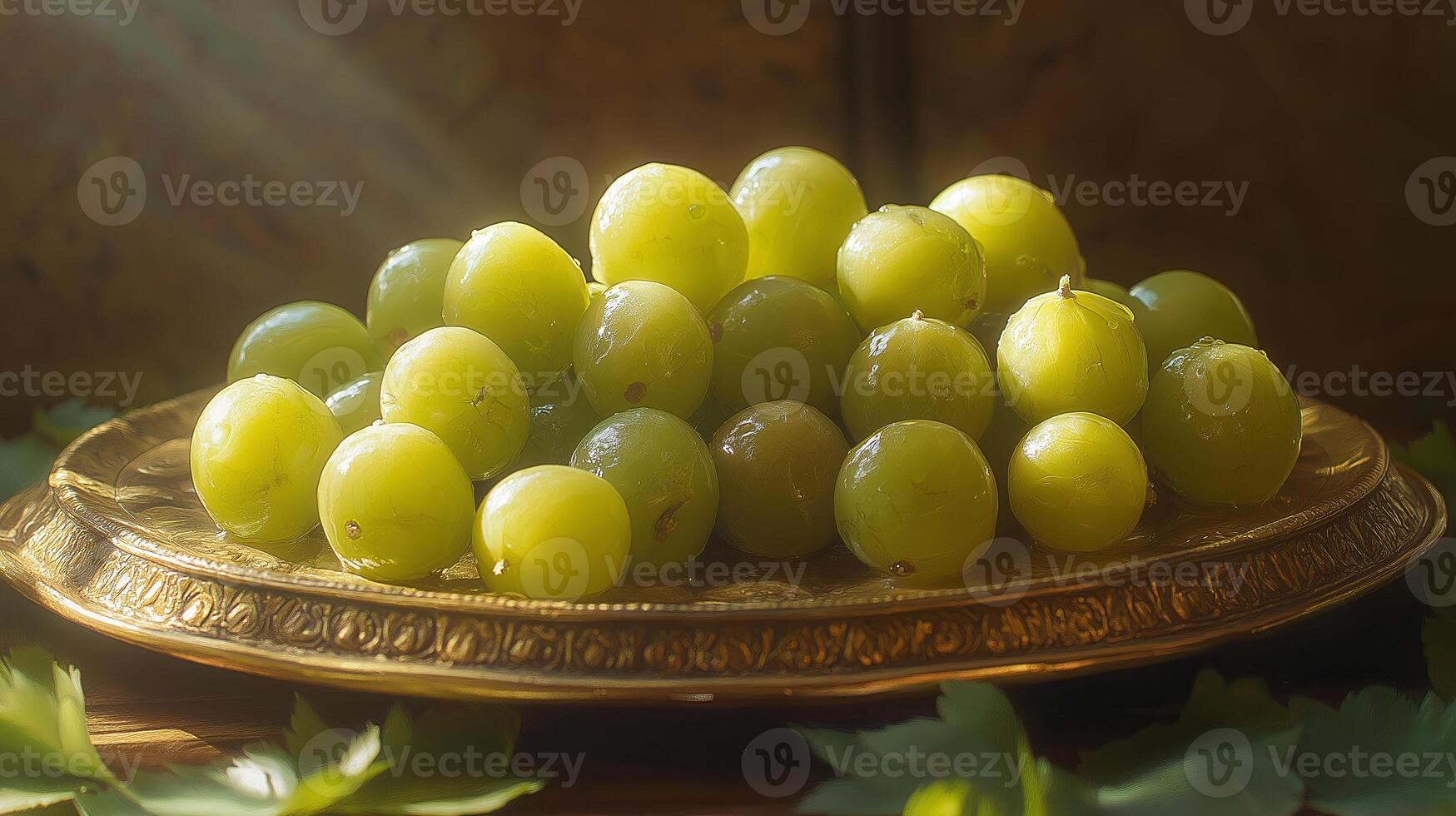 Fresh Indian gooseberries amla arranged on a decorative golden plate with sunlight streaming in. Symbol of Amalaki Ekadashi and Ayurvedic tradition photo