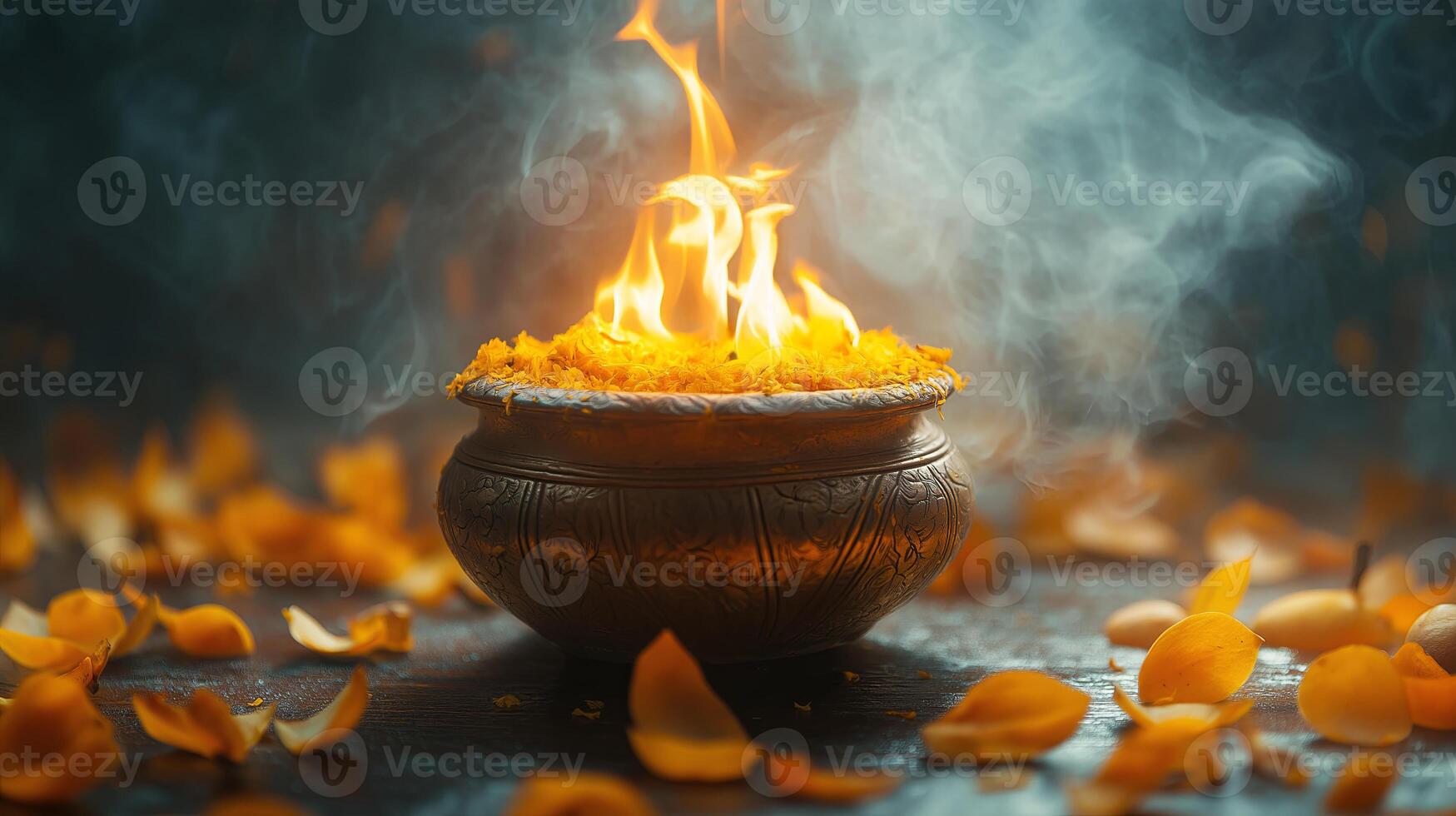 Sacred Kalash with glowing flames surrounded by yellow petals and soft smoke in a serene atmosphere. Spirituality and devotion concept. photo
