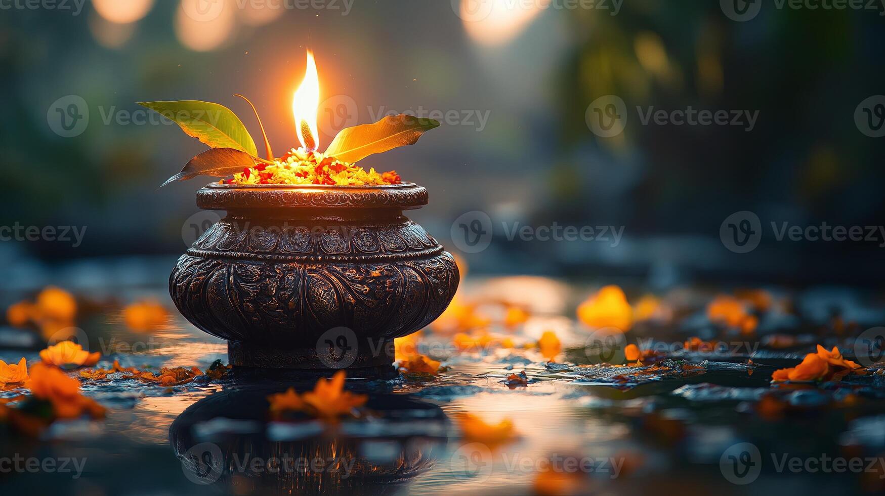 Sacred Kalash adorned with glowing flames and surrounded by flowers in a serene setting. Indian spirituality and devotion concept. photo