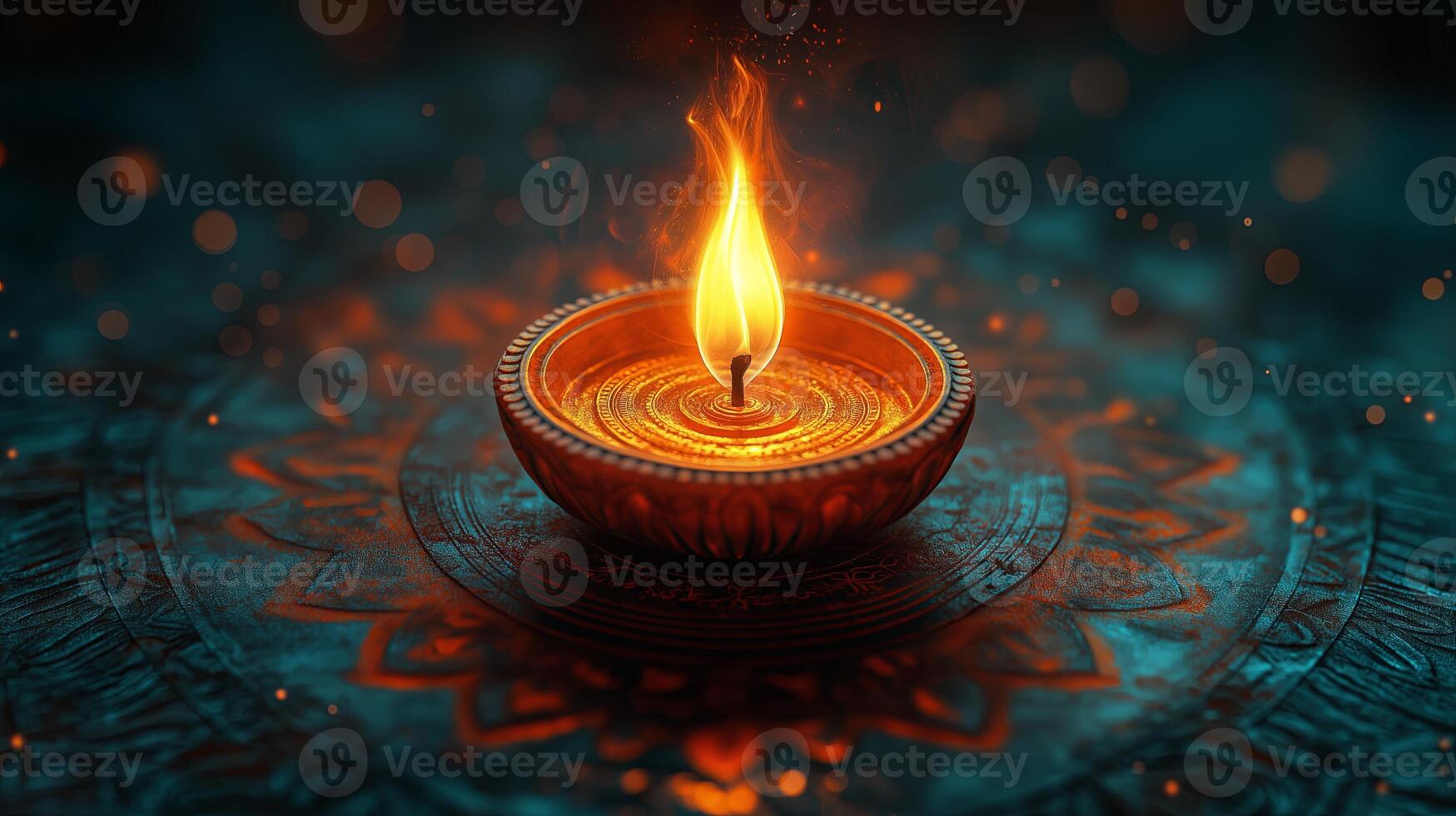 Traditional diya lamp glowing with bright flames, surrounded by a serene and spiritual atmosphere. Light and devotion concept photo