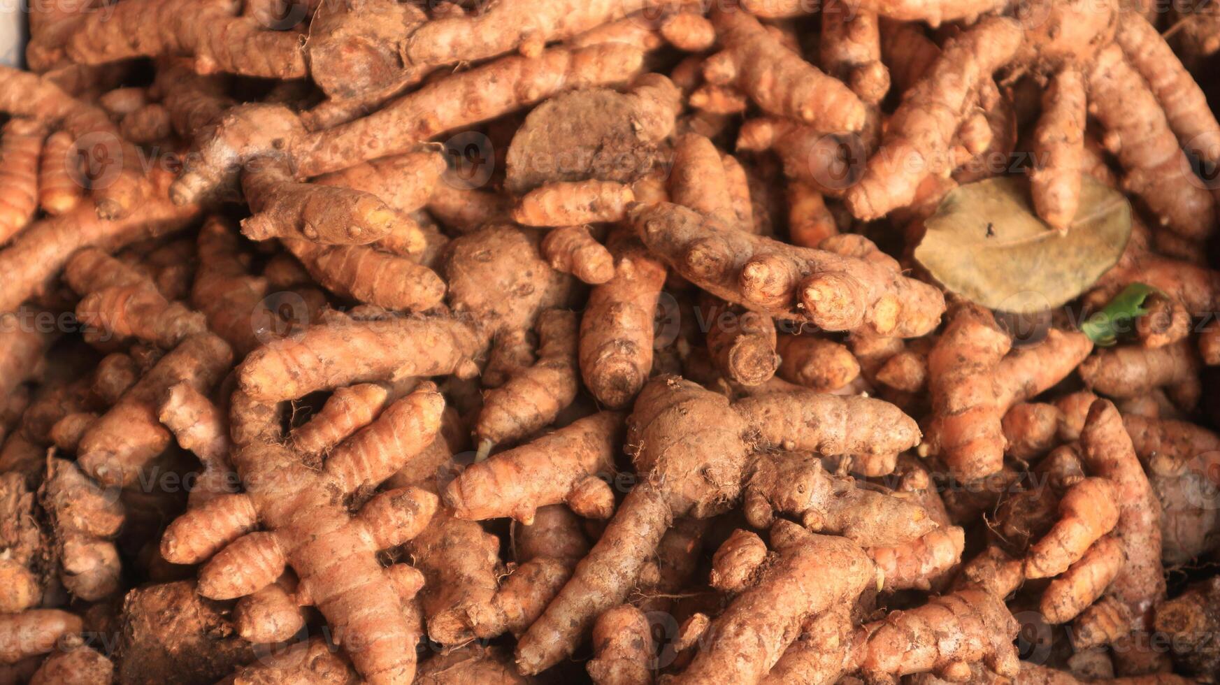 Close up of fresh turmeric roots in the wicker basket at Indonesia traditional market photo