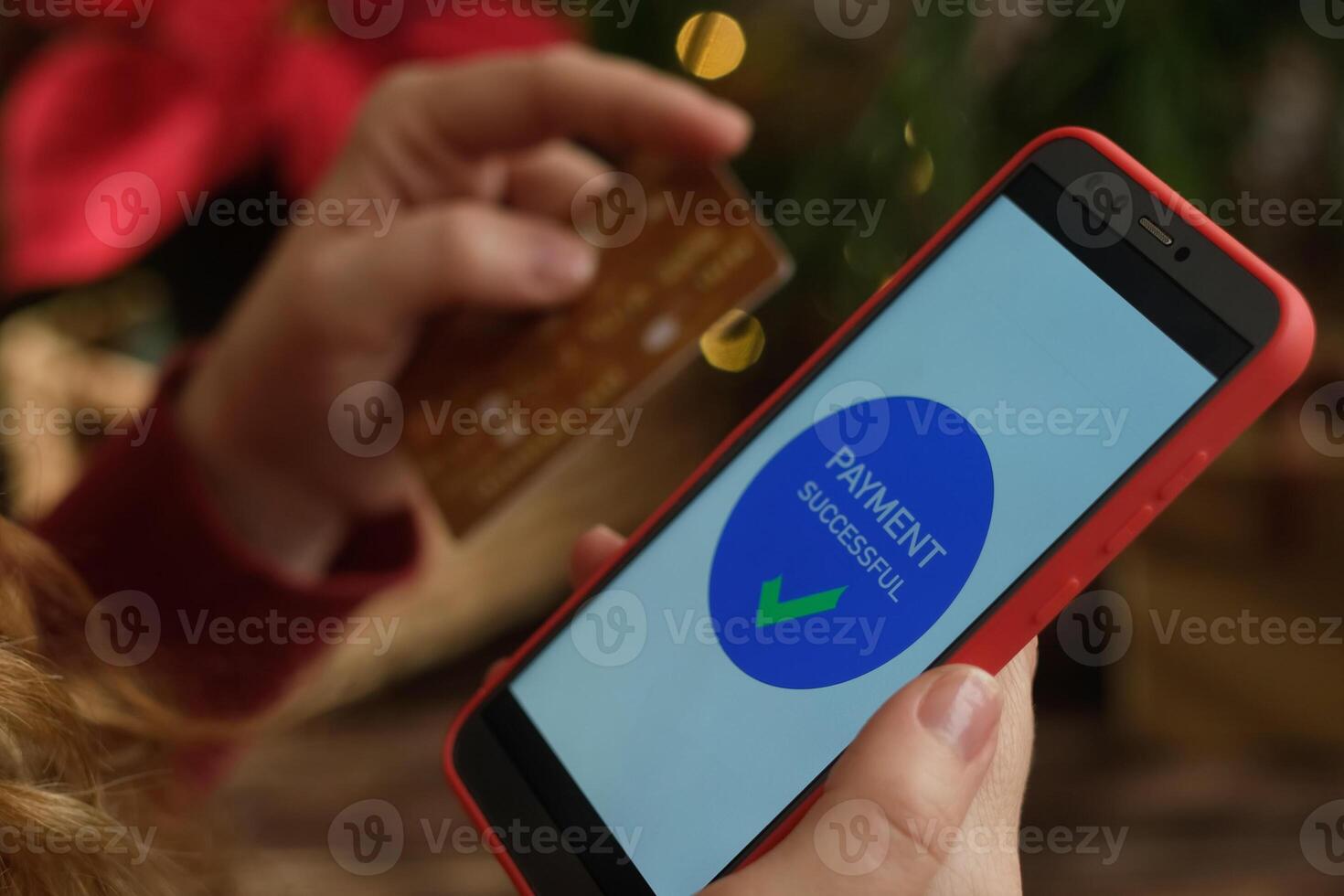 Payment for Christmas online purchases via mobile phone and credit card. Online shopping, money transfer. photo