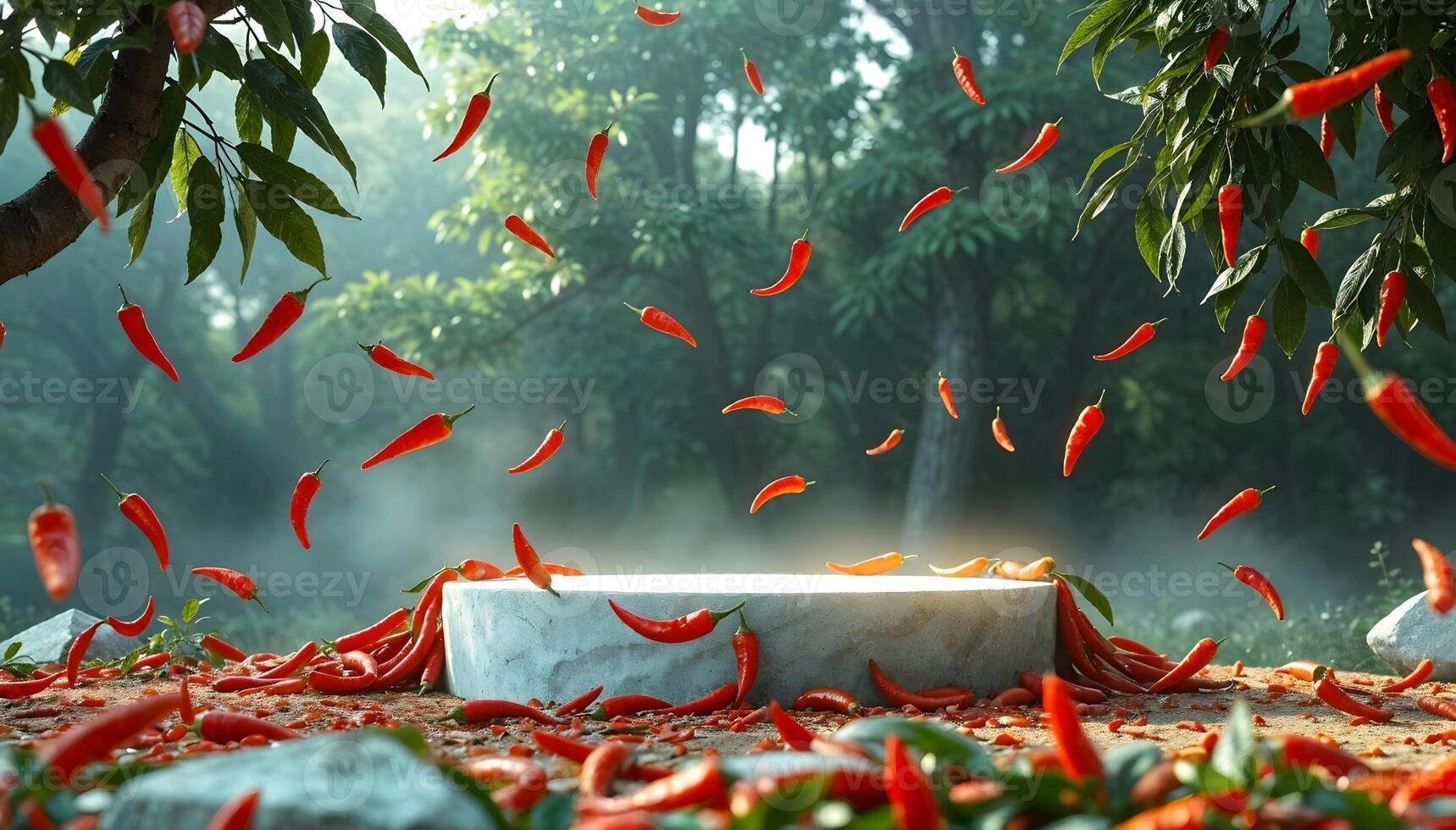 Flying Red Chilies in Podium Concept Mockup Background photo