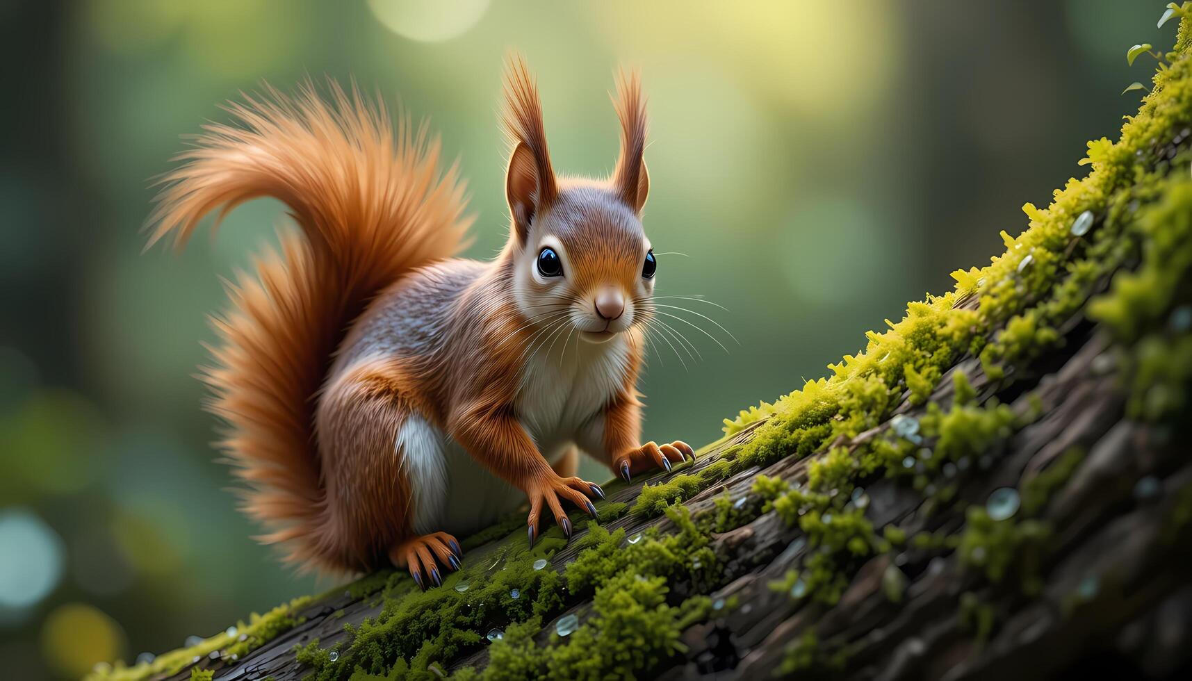 Ultra-Realistic Close-Up of a Squirrel on a Moss-Covered Tree Trunk in a Serene Forest photo