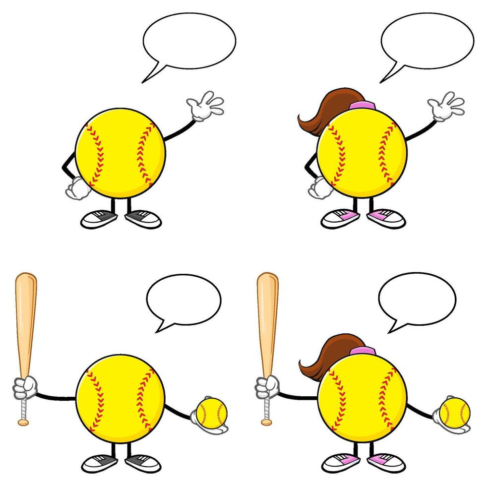Cartoon Softball Characters with Speech Bubbles and Baseball Equipment for Custom Messages vector