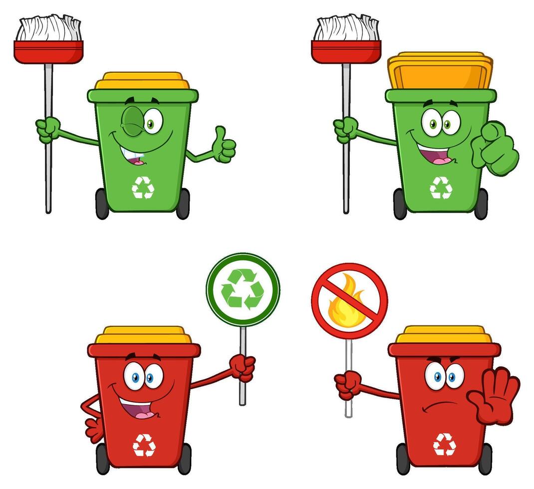 Illustration of Cartoon Trash Cans with Recycling and Waste Sorting Symbols in Eco-Friendly Design vector