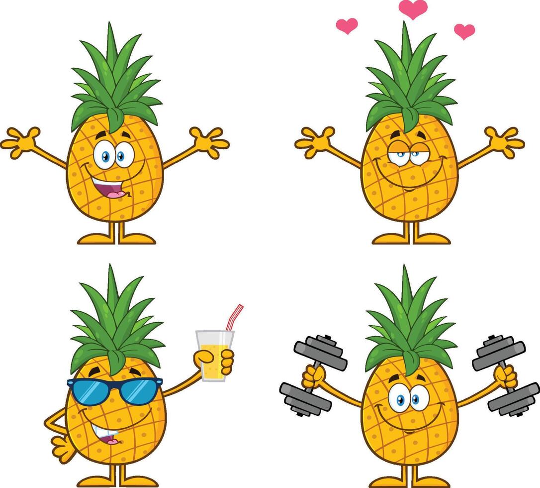Smiling Pineapple Cartoon Character Set with Love, Fitness, Sunglasses, and Juice Themes for Graphic Projects vector