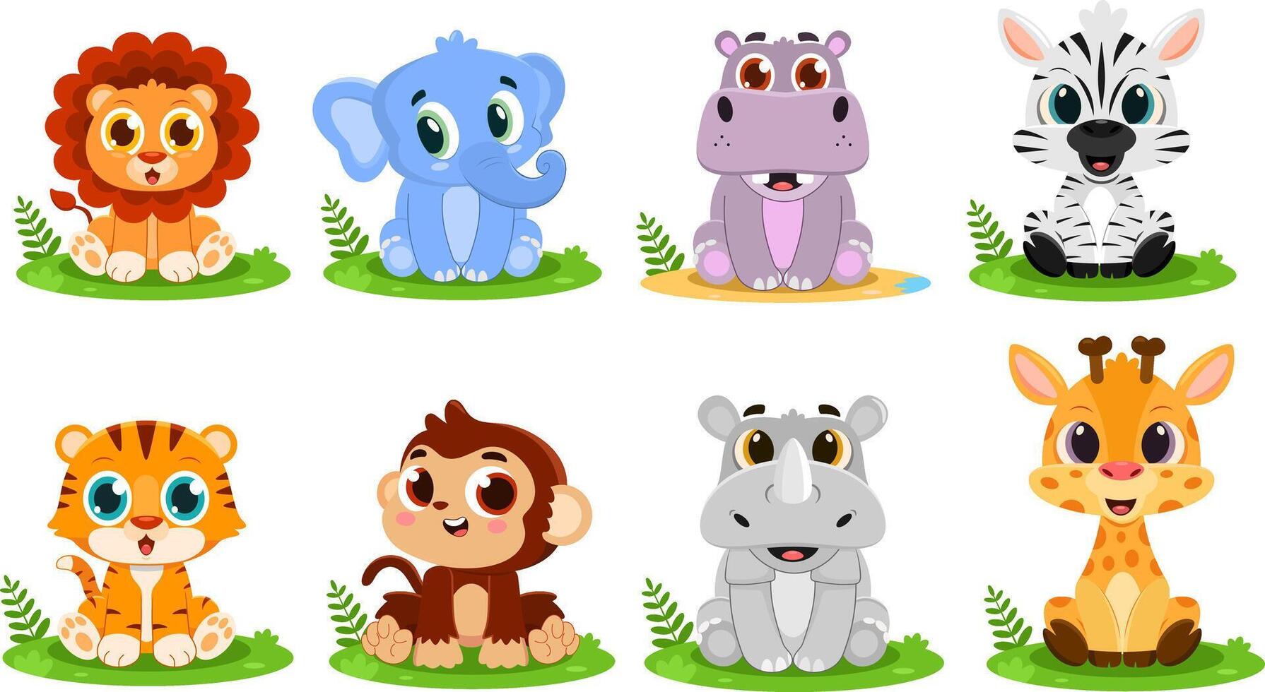 Cute Cartoon Safari Animals Set, Adorable Jungle Wildlife Characters for Kids Illustrations and Designs vector