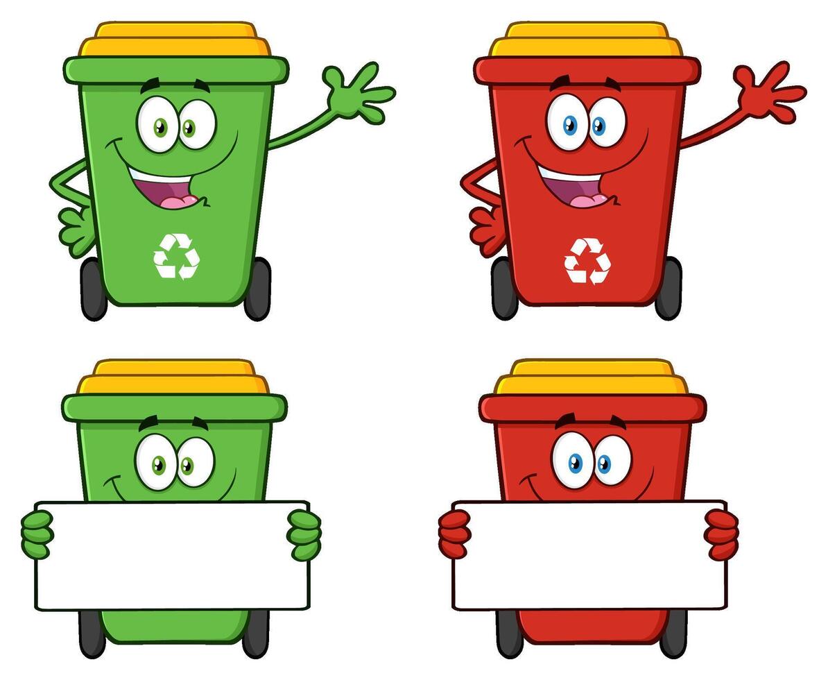 Cartoon Recycling Bin Characters with Green and Red Trash vector