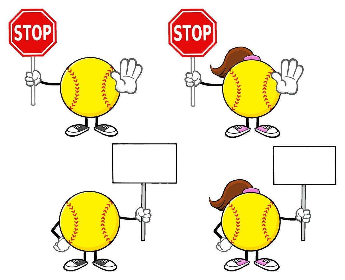 Cartoon Softball Characters Holding Stop Signs and Blank Boards for Custom Messages vector