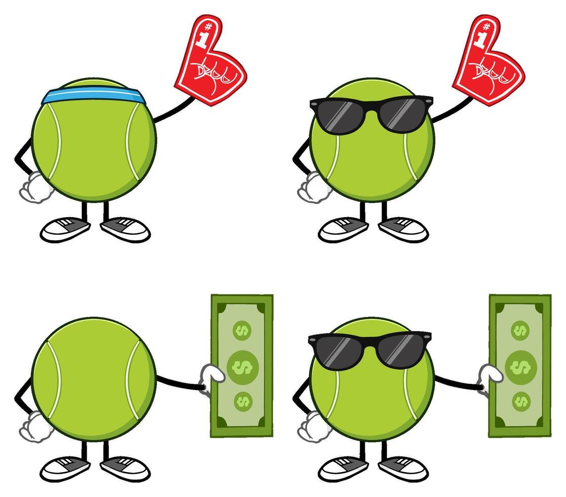 Set of Tennis Ball Mascots Representing Wealth, Partying, and Communication in Cartoon Style vector