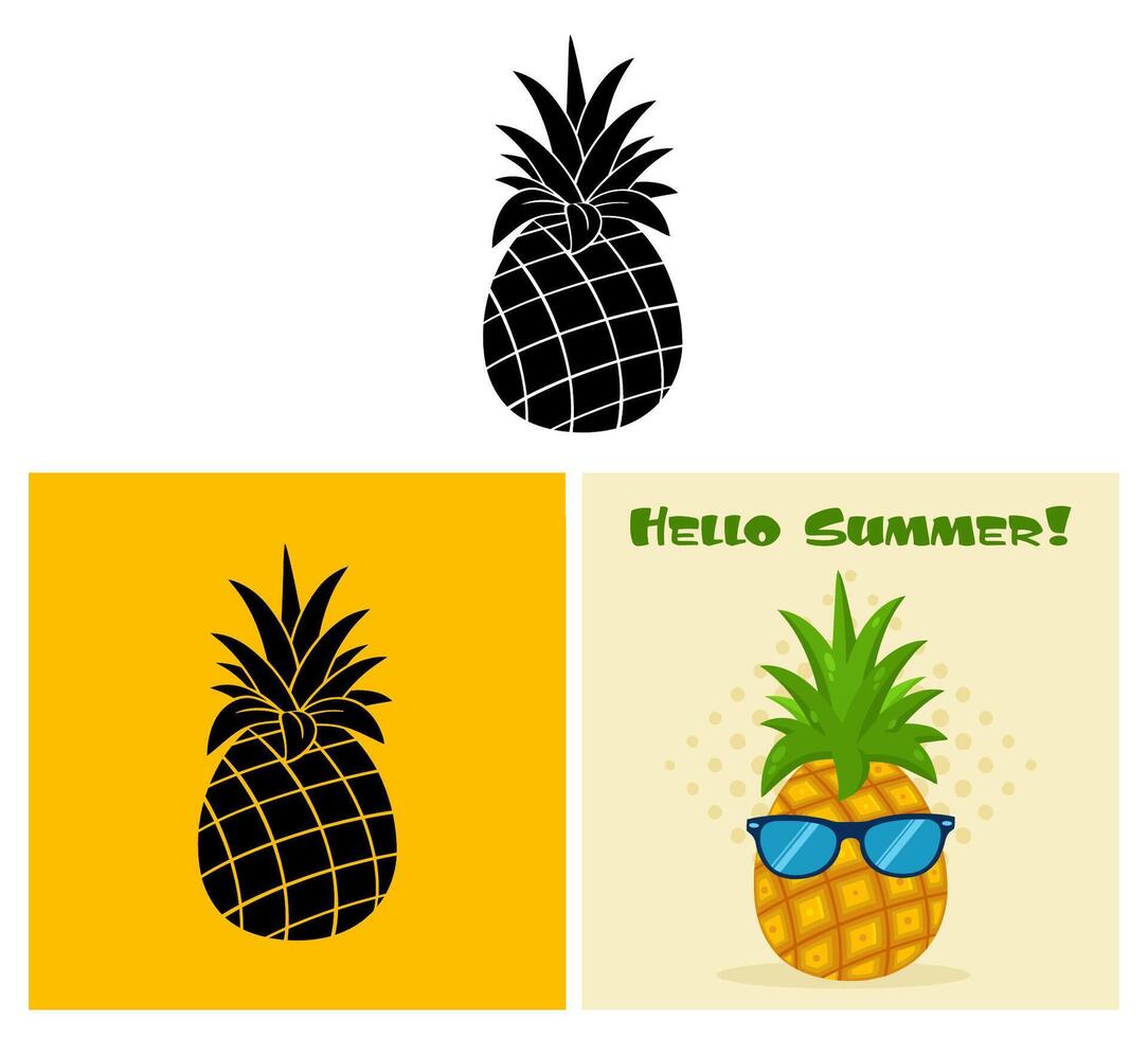 Pineapple Fruit With Green Leafs Simple Design. Collection Set vector