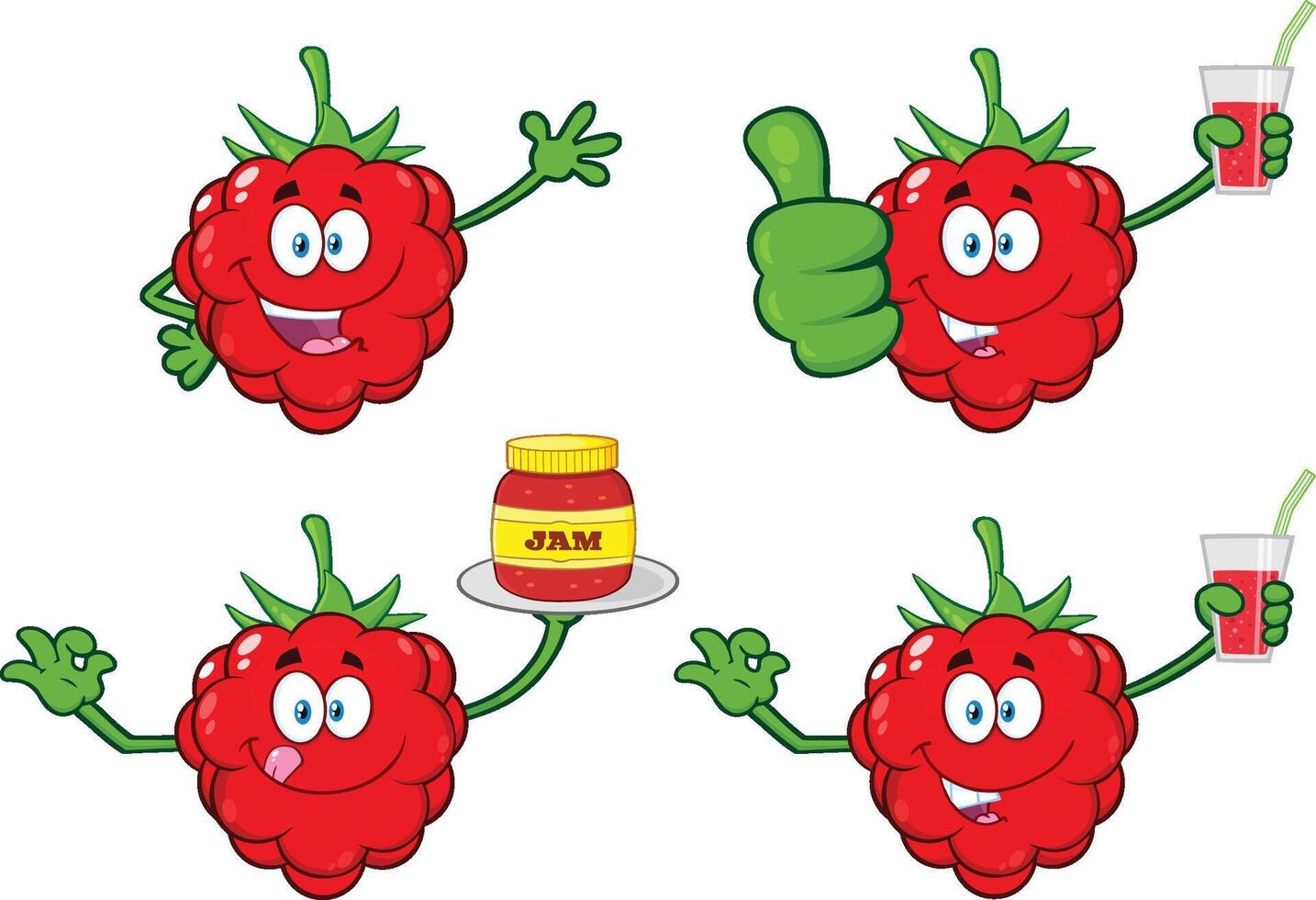 Cool Cartoon Raspberry Fruits with Fun Facial Expressions, Perfect for Smoothie and Organic Food Advertising vector