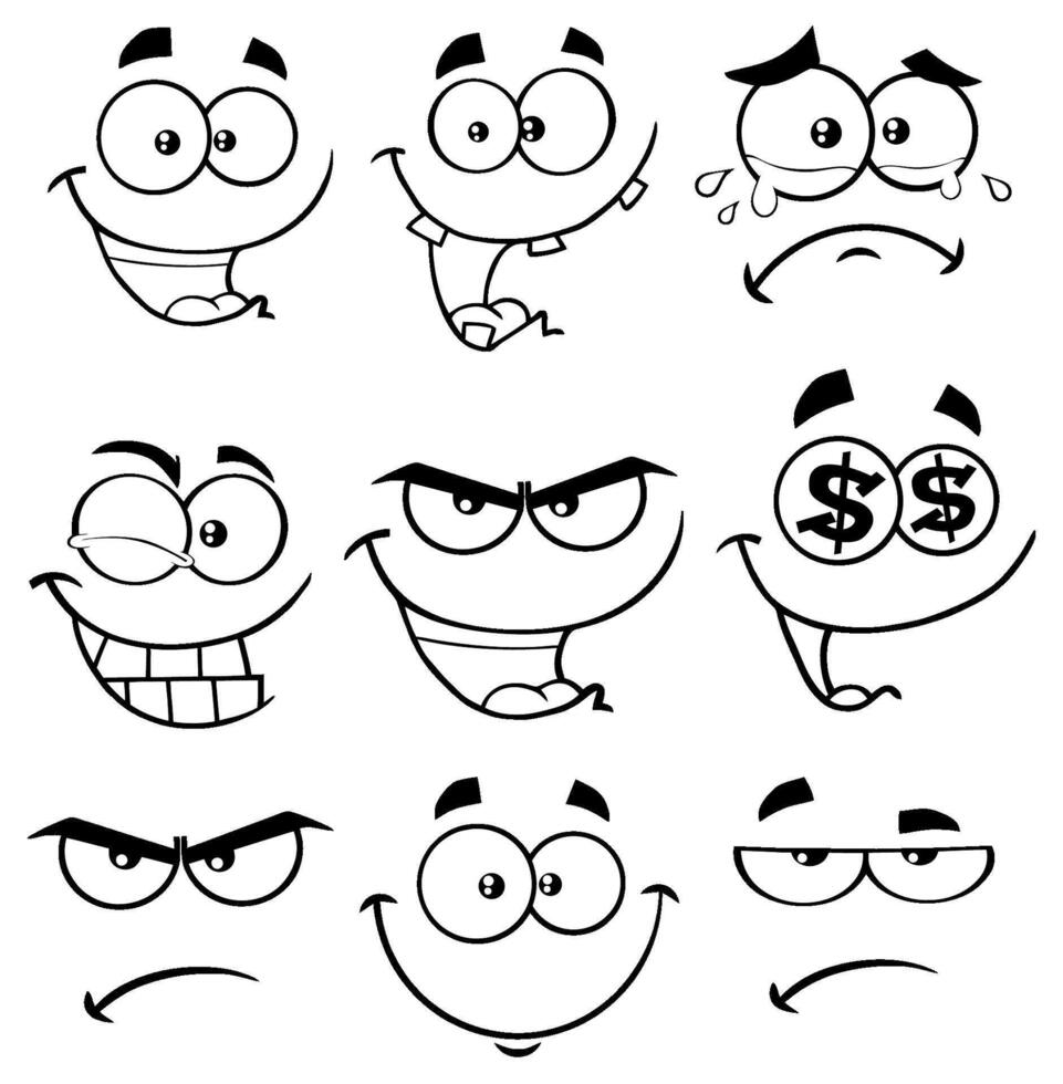 Collection of expressive cartoon face emotions in black and white, featuring happy, angry, sad, and funny facial expressions vector