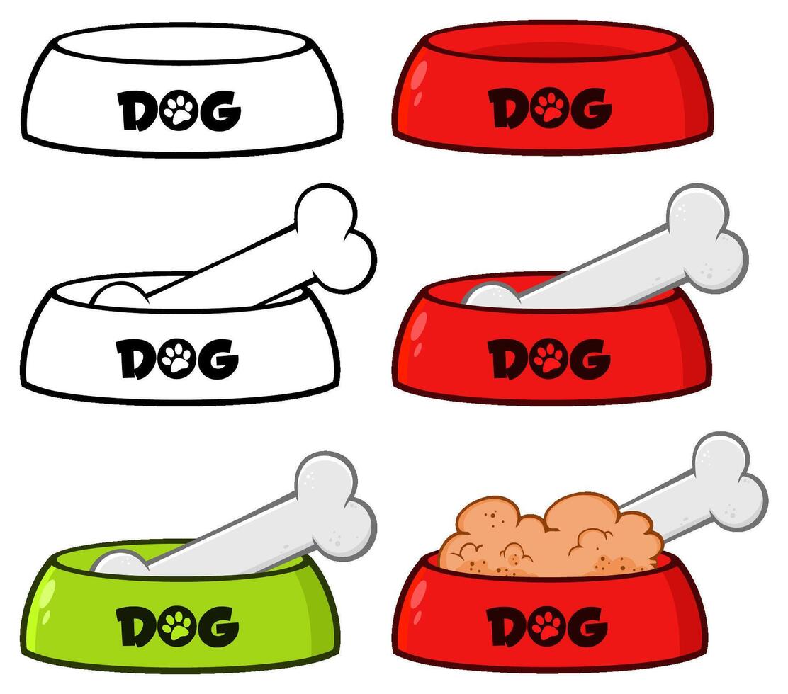 Colorful cartoon dog bowls with bones and food isolated on a white background, perfect for pet-related designs and illustrations vector