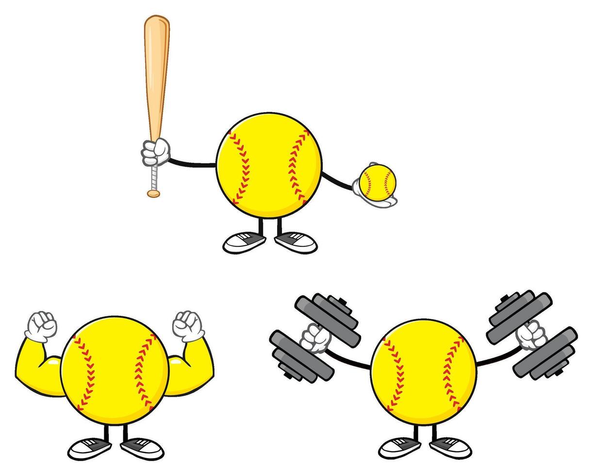 Energetic Cartoon Softballs Lifting Weights and Playing Baseball vector