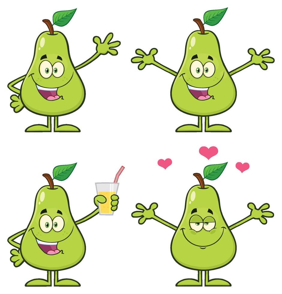 Cheerful and Playful Pear Character with Happy Faces and Fun Poses for Fruit-Themed Artwork vector