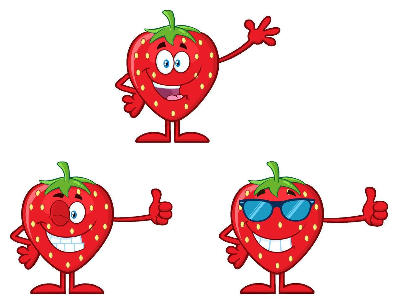 Cheerful Cartoon Strawberry Characters with Happy, Cool, and Excited Faces vector