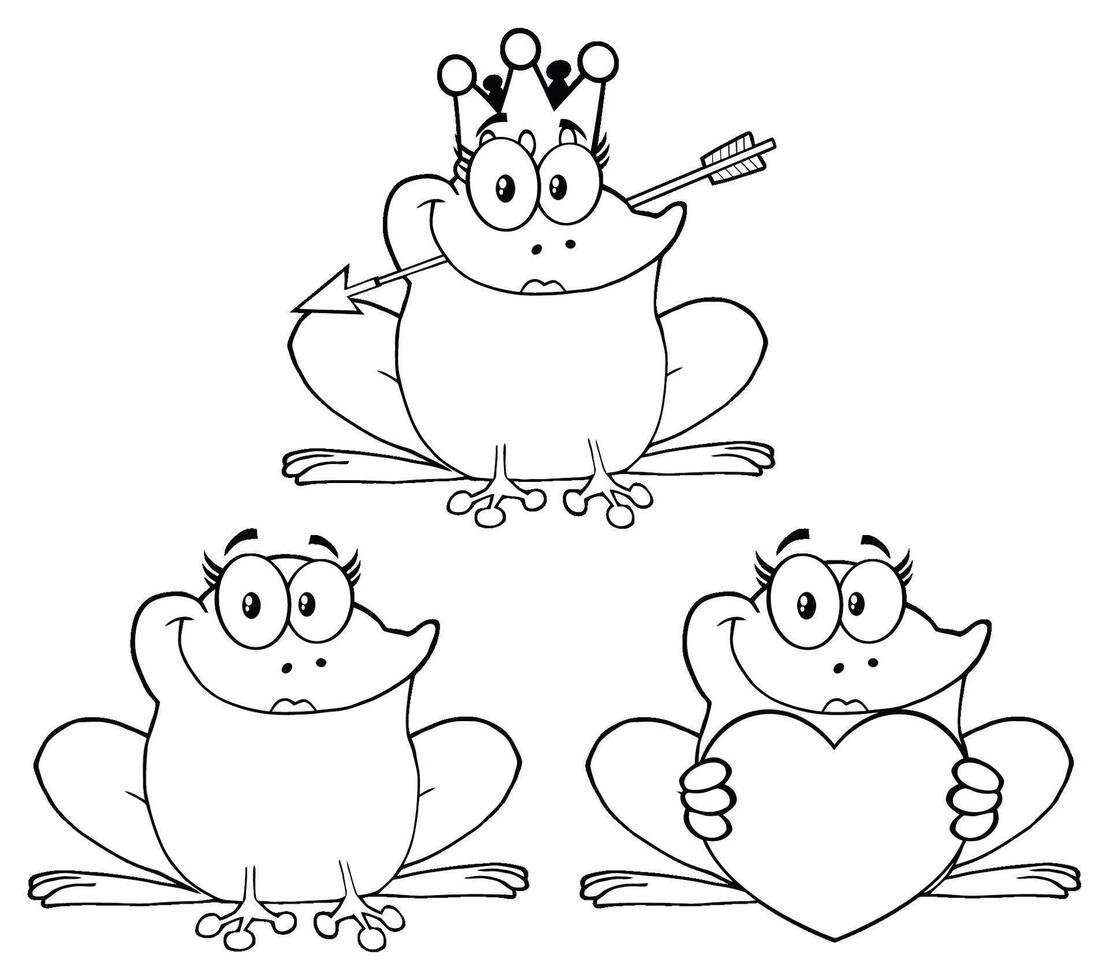 Black and White Frog Illustrations with a Crown, Heart, and Playful Expressions for Coloring Pages vector