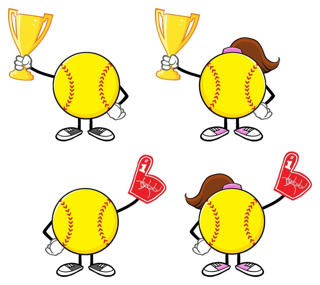 Cartoon Softball Characters Celebrating Victory with Trophies and Foam Hands in a Fun Style vector