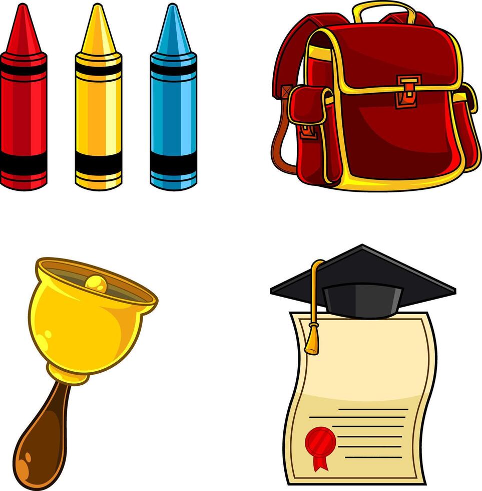 Back to School Illustration with Crayons, Backpack, Bell, and Graduation Diploma vector