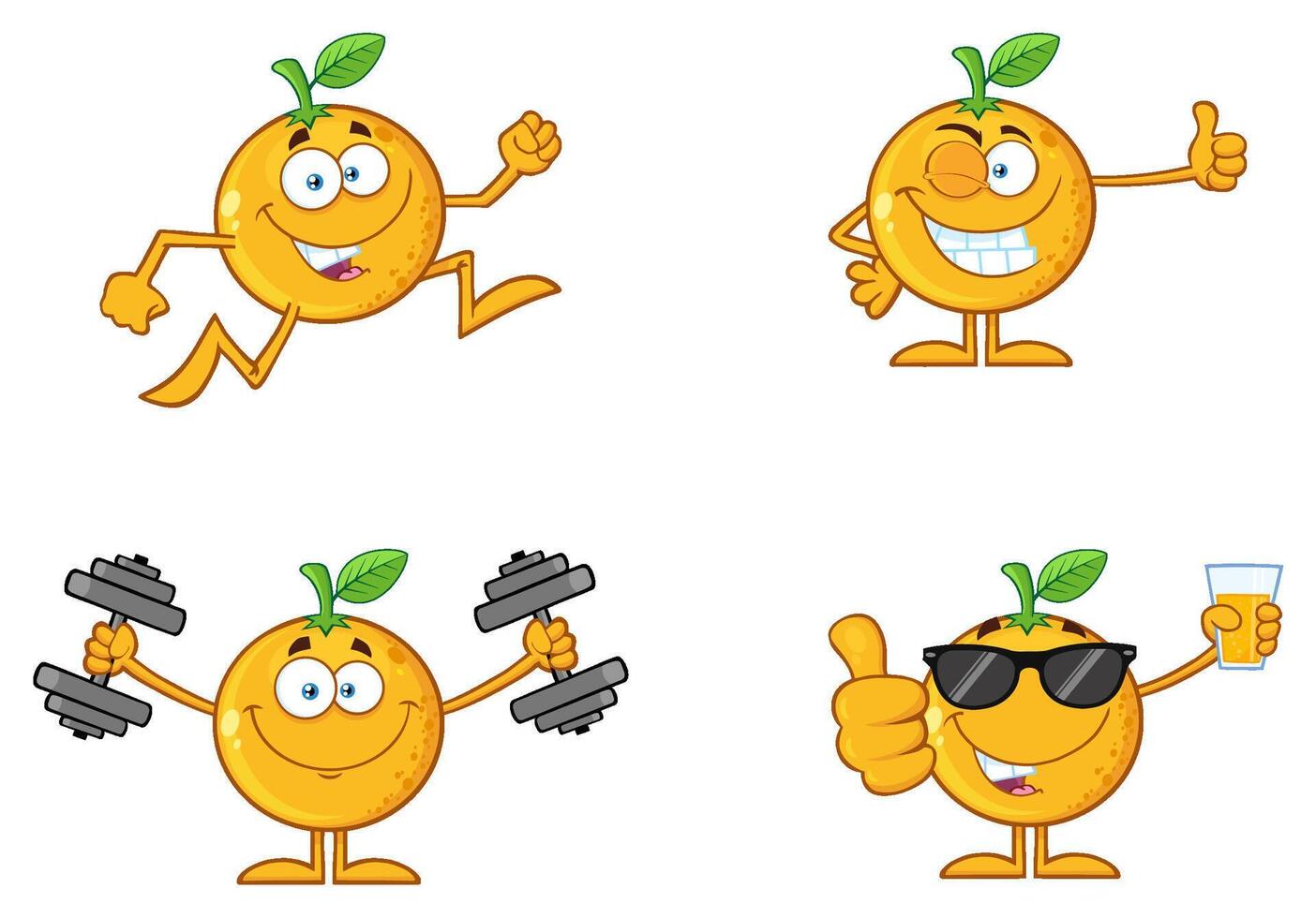 Cheerful orange fruit mascot in various fun and active poses, lifting weights, running, and drinking juice with sunglasses vector