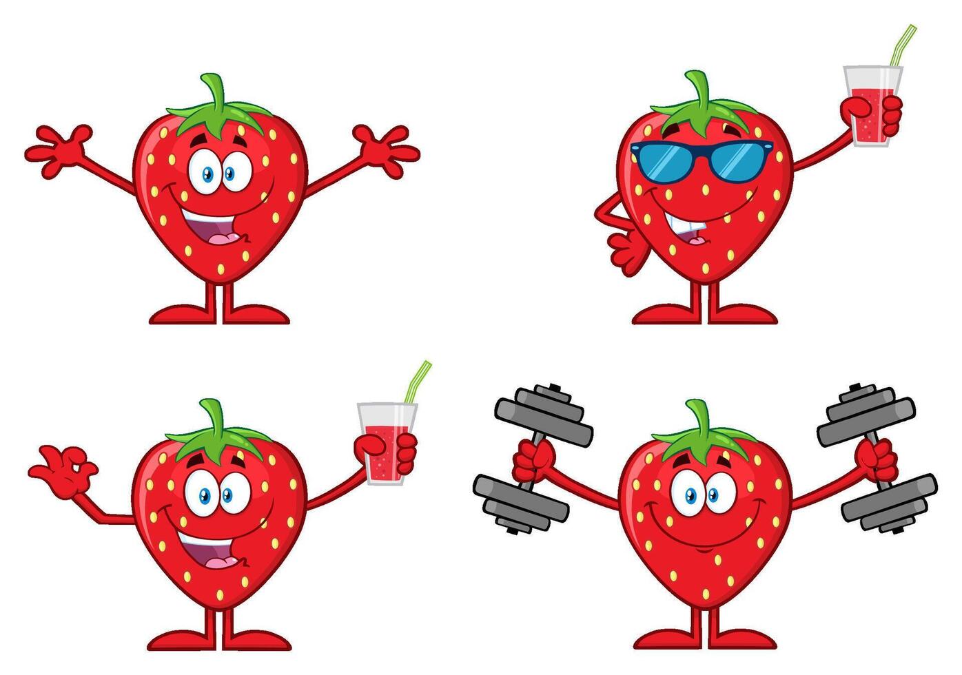 Cheerful Cartoon Strawberry Character with Different Expressions and Accessories for Healthy Lifestyle Concepts vector
