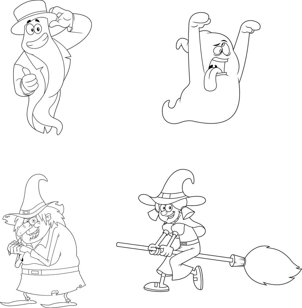 Hand-Drawn Halloween Characters Including a Friendly Ghost, a Scary Witch, and a Flying Witch on a Broomstick vector