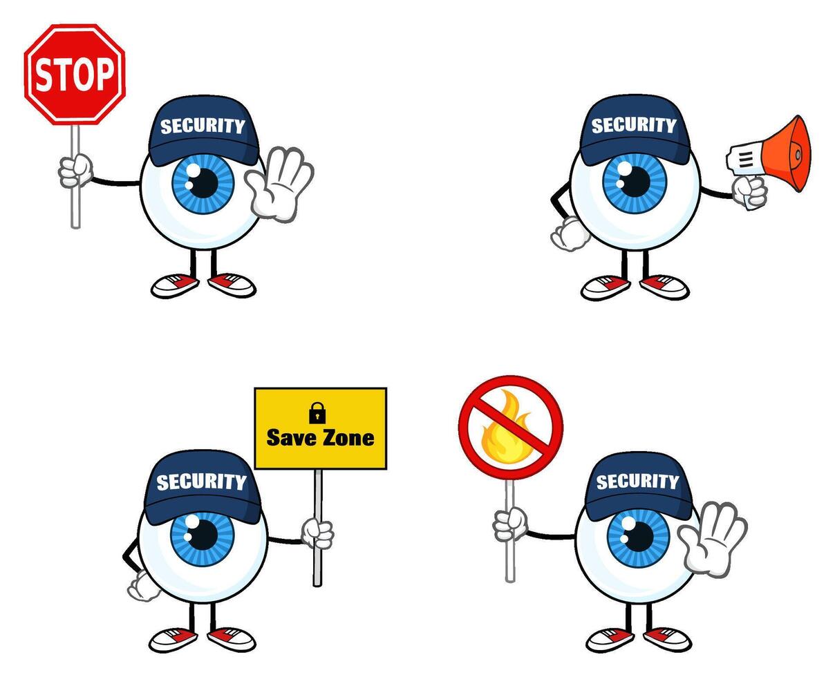 Cartoon Eyeball Character in Different Poses as a Security Guard vector
