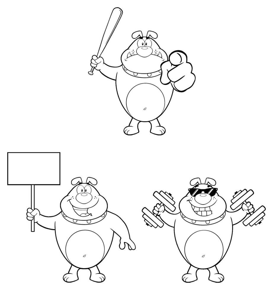 Funny Cartoon Bulldog Mascot in Various Poses Holding a Bat, a Blank Sign, and Lifting Dumbbells vector