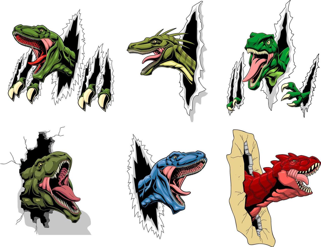 Cartoon Dinosaur Illustration Set Featuring Fierce Raptors Breaking Through Walls and Surfaces vector