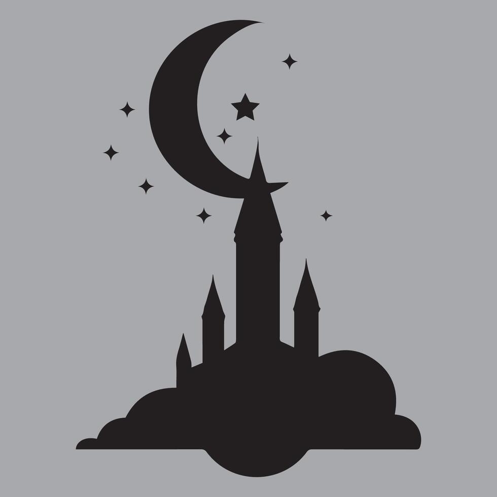 a black and white silhouette of a castle with a moon and stars vector