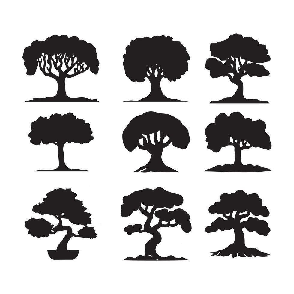 Collection of Black and White Silhouettes of Various Trees, Including Bonsai vector