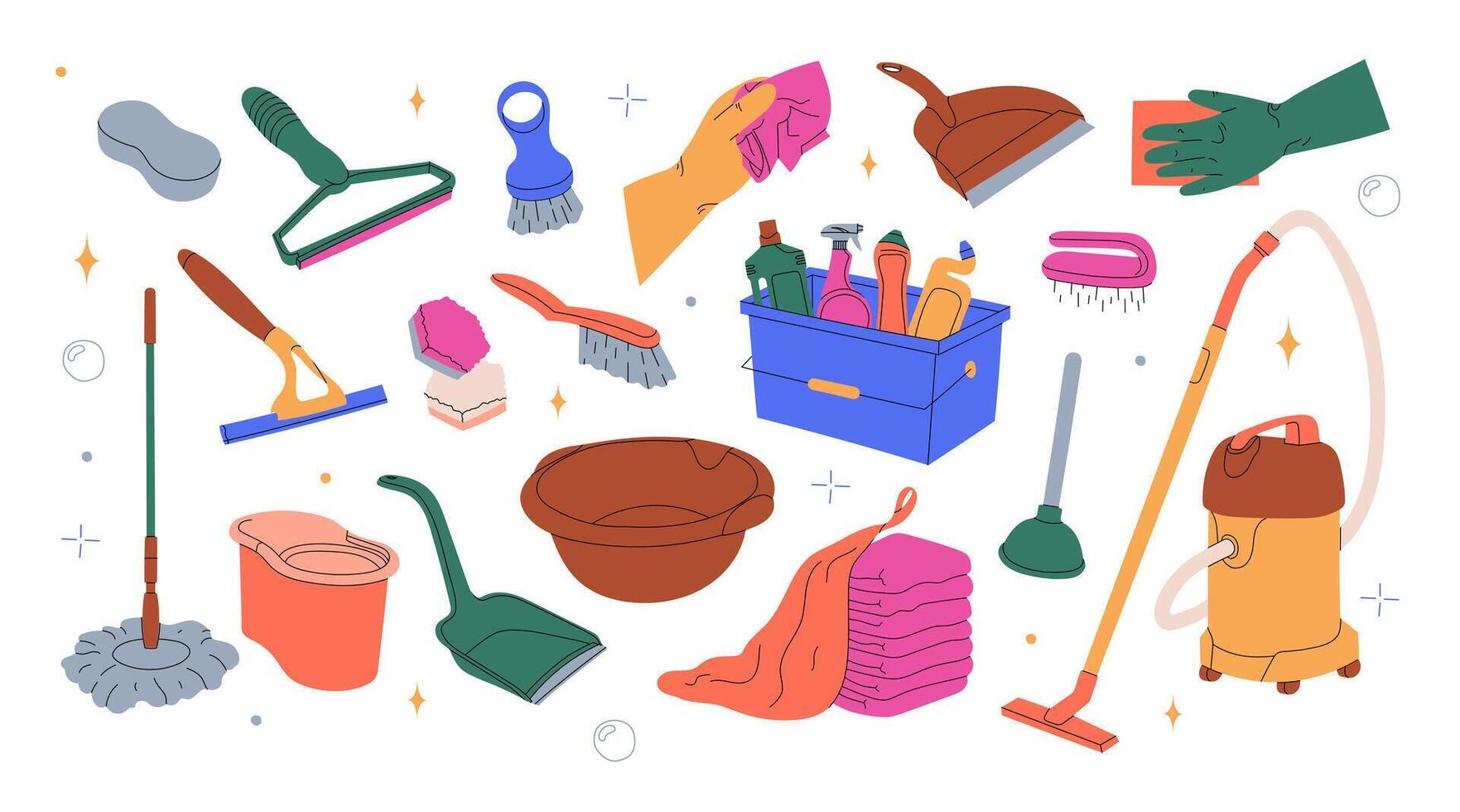 Set for professional house cleaning with cleaning supplies, bottles, spray, sponge, brush, gloves. Various Cleaning items. Housework concept. Hand drawn illustrations. All elements are isolated vector