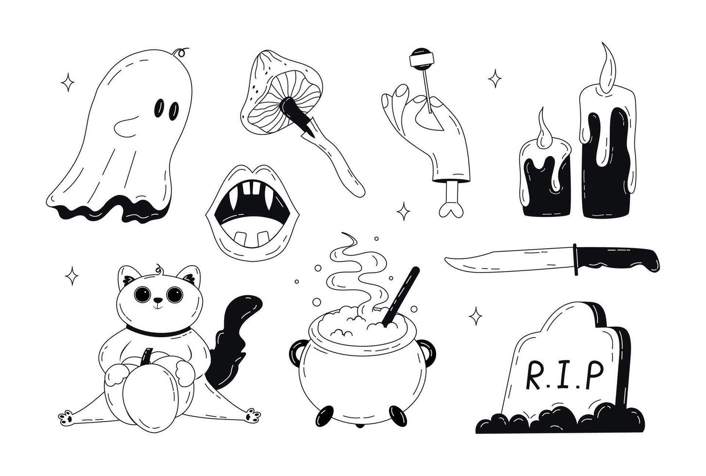 Cute Halloween doodles, trick or treat, black and white stickers. Happy Halloween elements hand drawn in line art style. Pumpkin, ghost, candle, knife, cat, grave. stock isolated illustration. vector