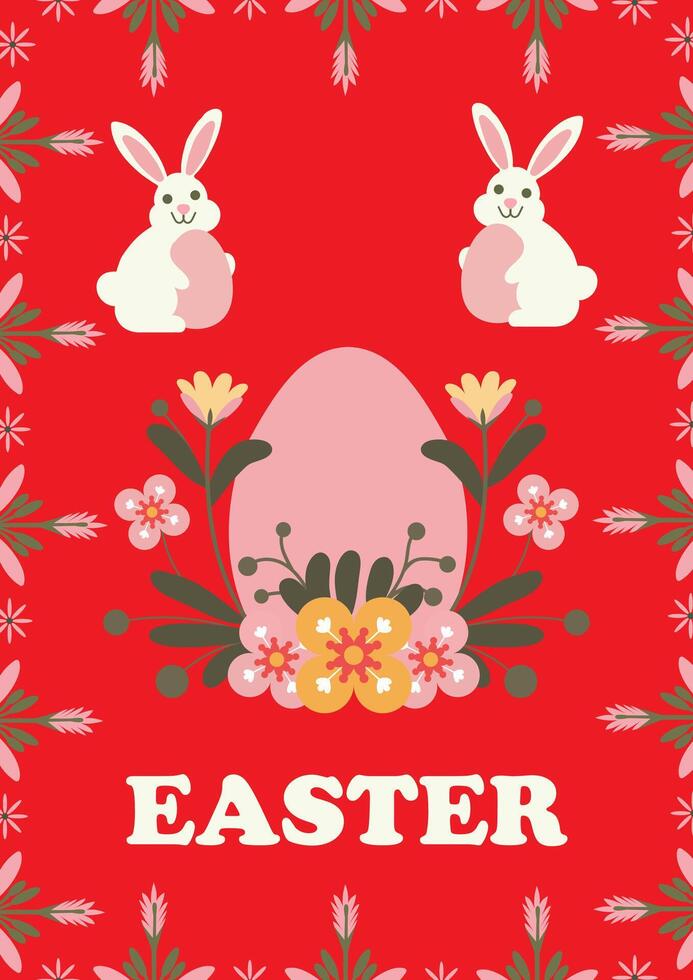 A cheerful Easter greeting card features two adorable bunnies flanking a pastel pink Easter egg nestled vector