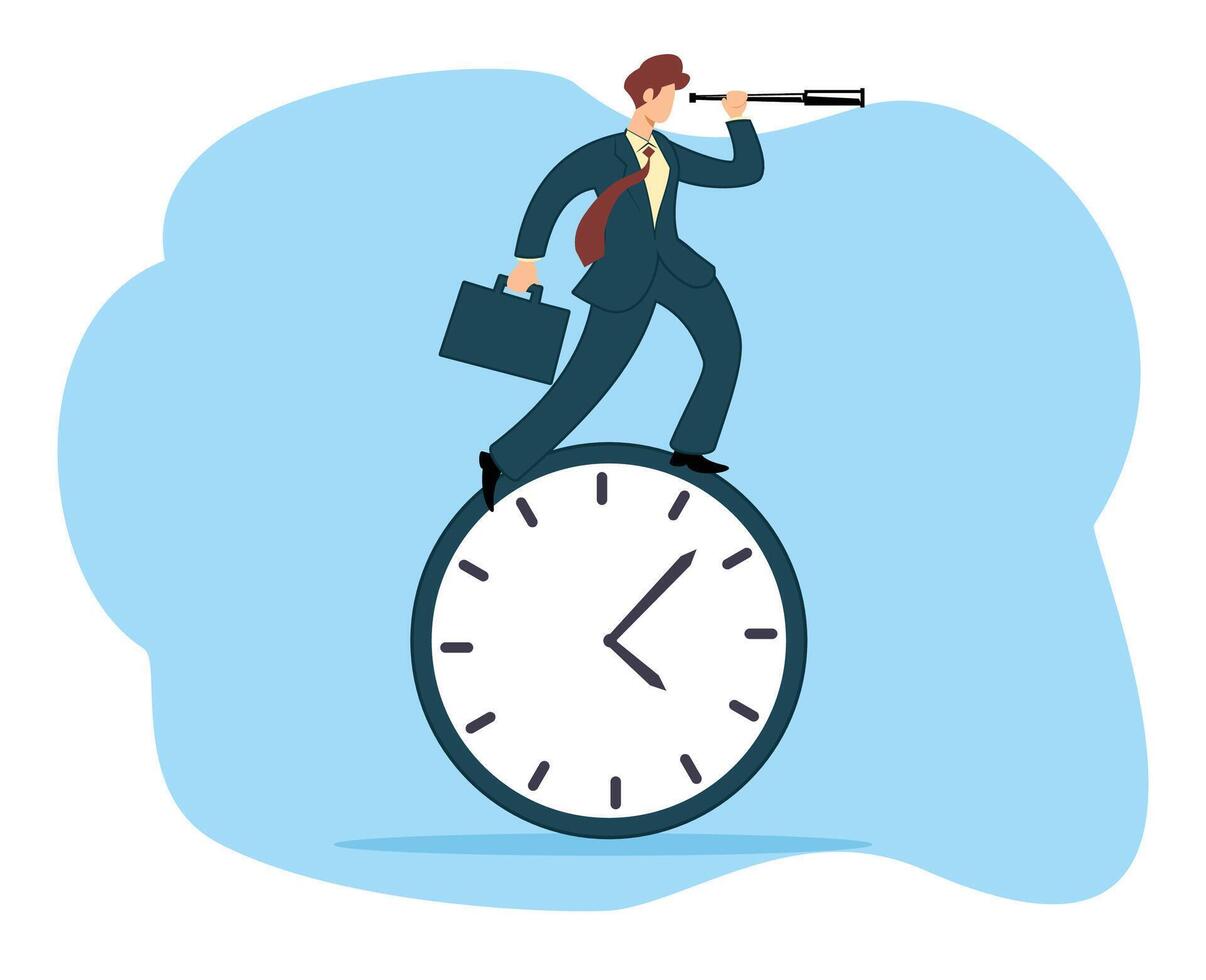 businessman using telescope and standing on clock. Time management concept. concept of success. vision of future vector