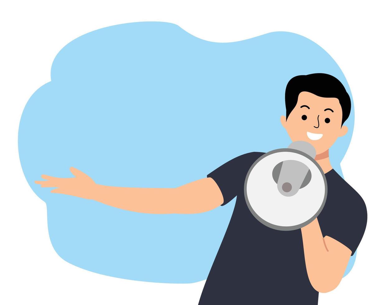 man holding megaphone and shouting. Man with megaphone screaming. Promotion with megaphone. Megaphone vector