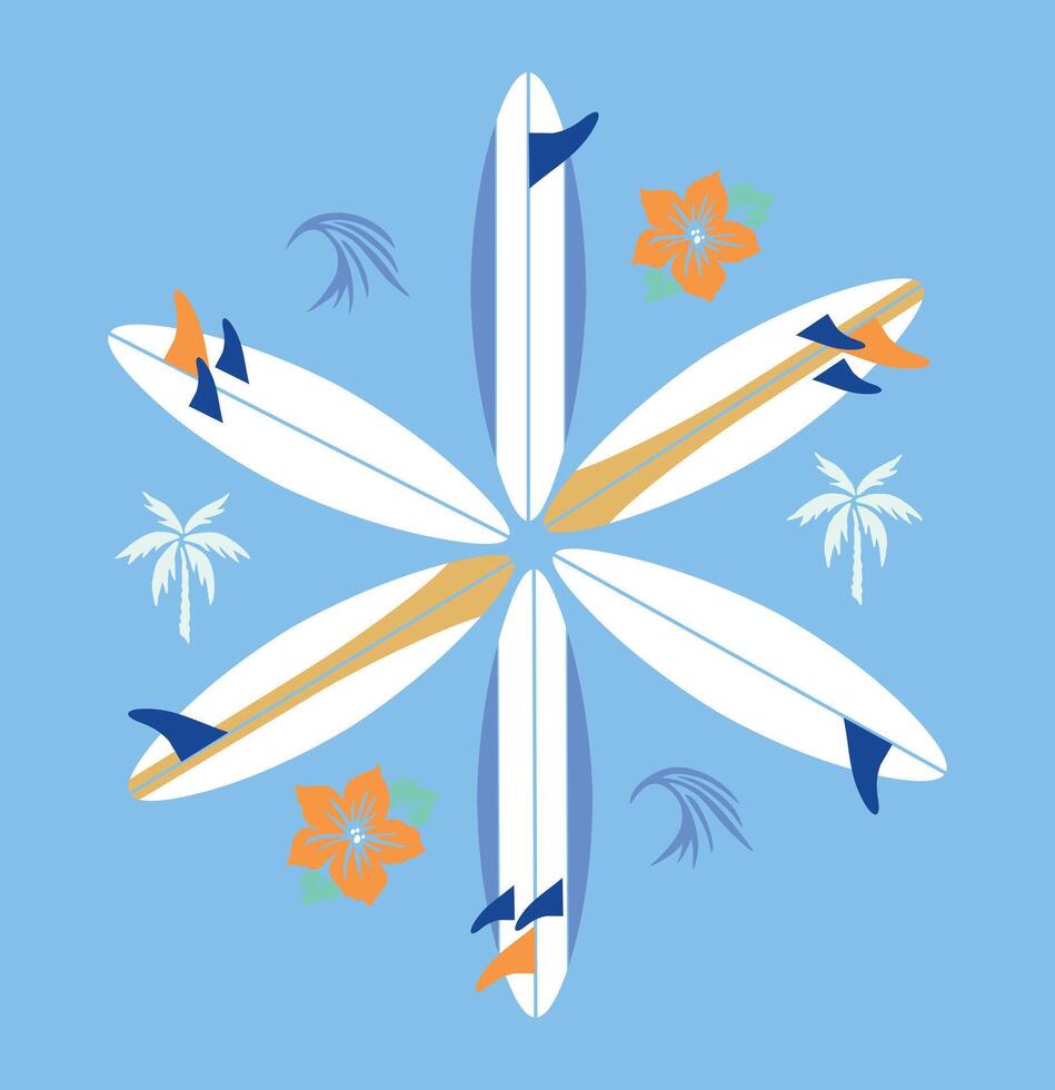 Immerse yourself in the tropical vibe with surfboards, coconut trees and waves that take you straight to summer paradise. The spirit of surfing and adventure. vector