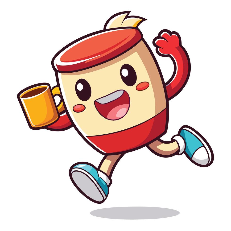 a cartoon coffee mug running and holding a mug vector