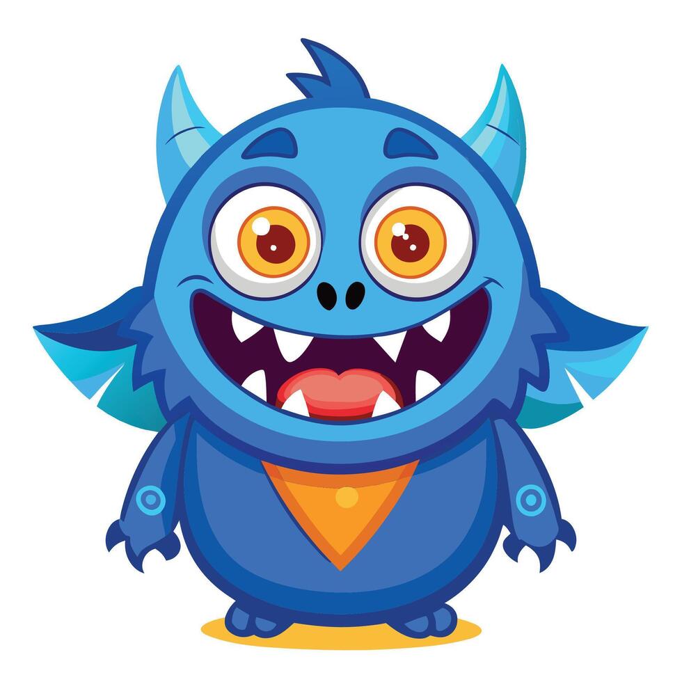 cartoon blue monster with orange eyes and horns vector