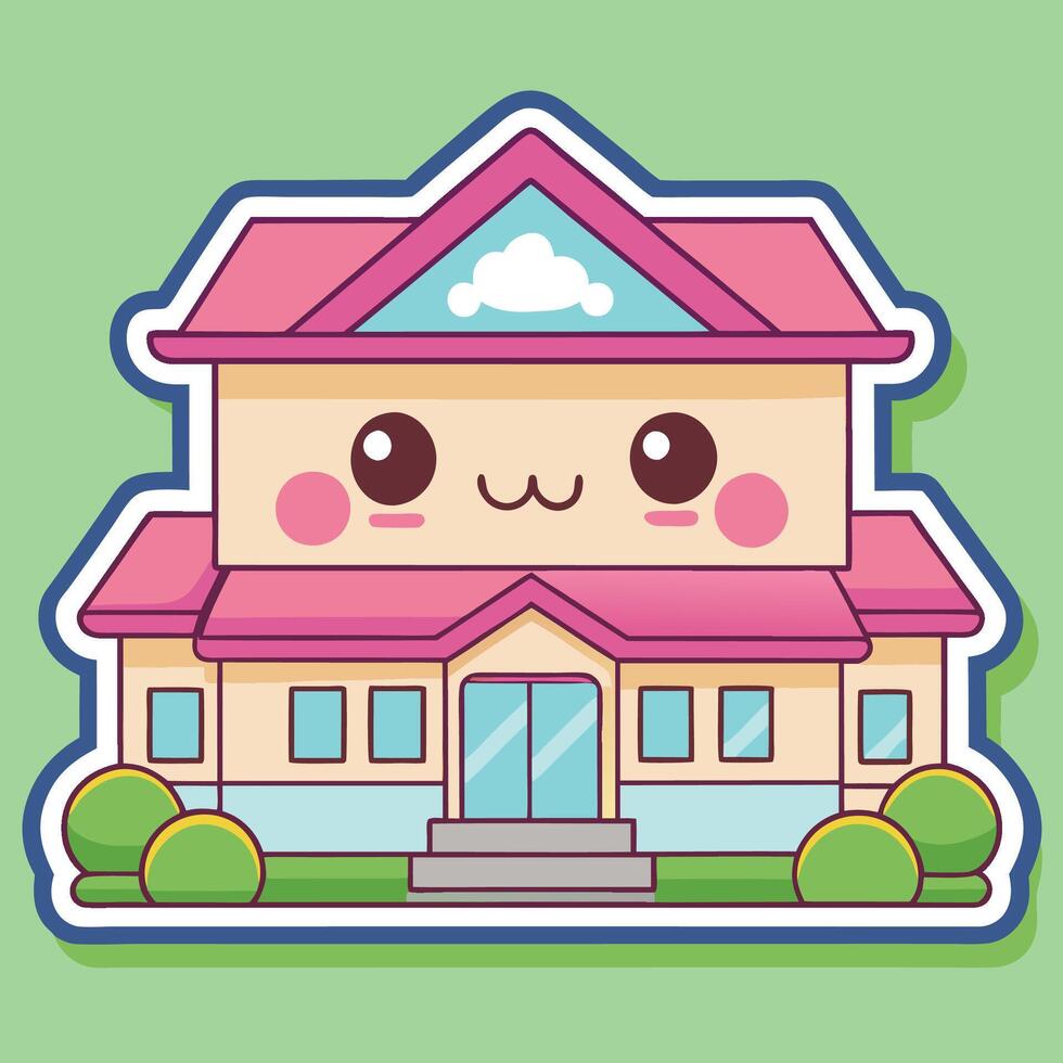 a cute house sticker with a pink roof and windows, vector