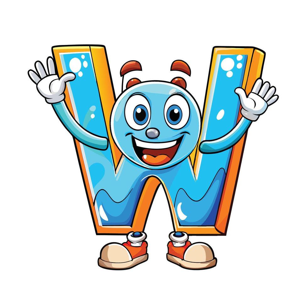 a cartoon letter w with hands up and smiling vector