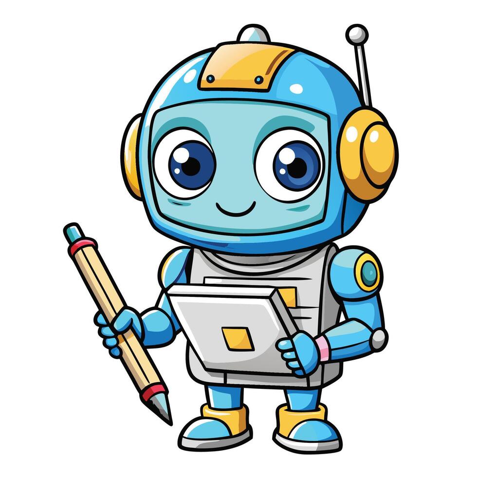 cartoon robot holding a pencil and a tablet vector