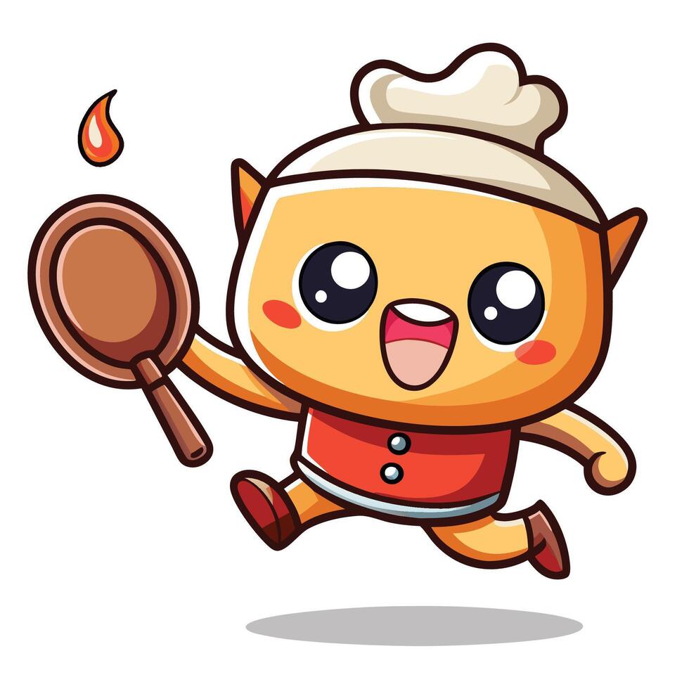 a cartoon cat running with a frying pan vector