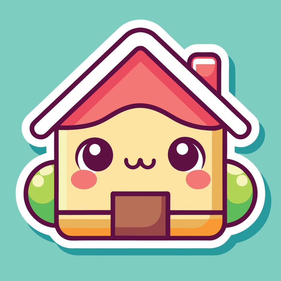a cute house sticker with a cute face ,white background, vector