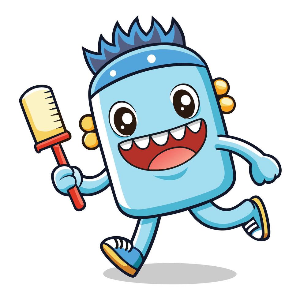 cartoon blue monster running with a toothbrush vector