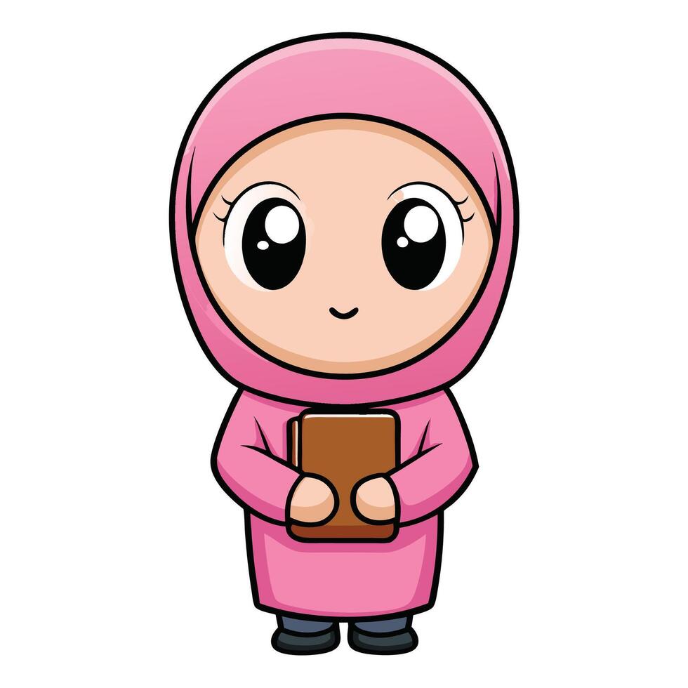 a cartoon muslim girl a book on a white background vector