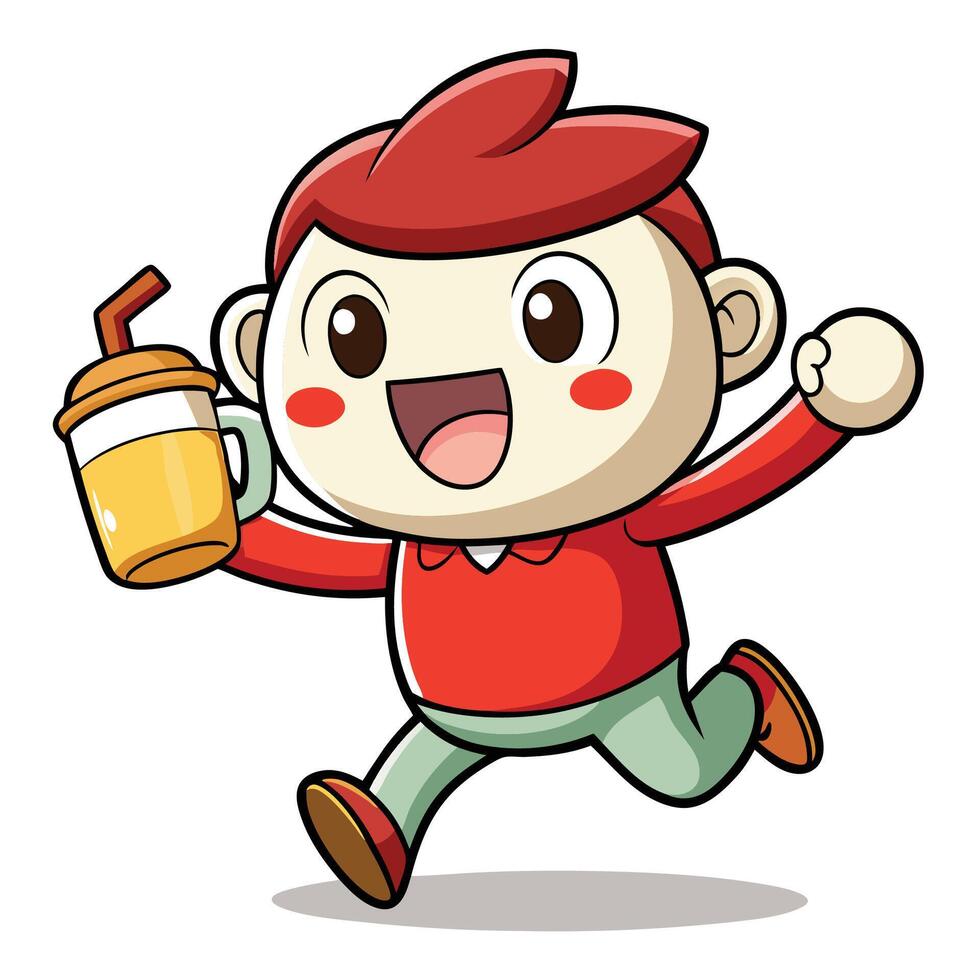 a cartoon boy running with a drink in his hand vector